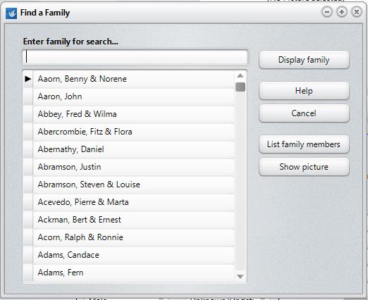 Find a Family dialog