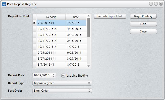 Deposit Register dialog