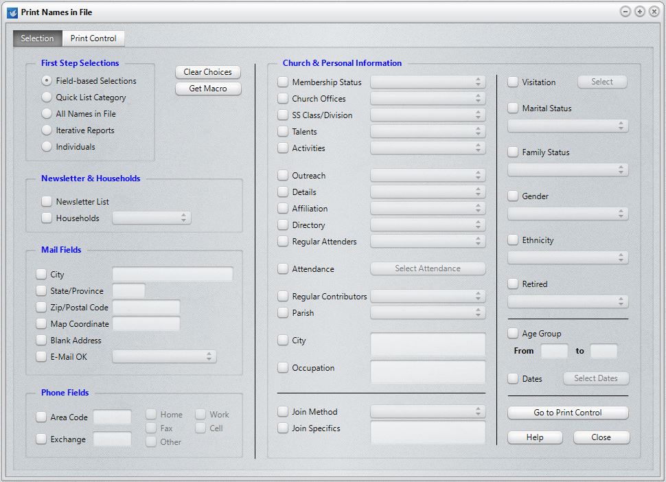 Print Names Selection page FMX